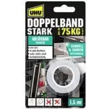 UHU Cinta de montaje STRONG, de doble cara, hasta 75 kg, blanco extra fuerte, alternativa a tornillos y clavos, adherencia permanente – 1 ud. (46890)