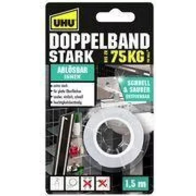 UHU Cinta de montaje STRONG, de doble cara, hasta 75 kg, blanco extra fuerte, alternativa a tornillos y clavos, adherencia permanente – 1 ud. (46890)