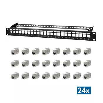 LogiLink PrimeLine panel de parcheo Keystone Cat.6A apantallado de 24 puertos, 19 inch 1U, negro (RAL9005), 24 módulos Keystone incluidos NK5001