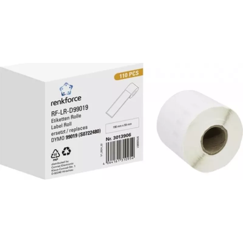 Renkforce RF-6027812 rollo de etiquetas para DYMO LabelWriter, 190 x 54 mm, papel blanco, adhesivo permanente, 110 etiquetas