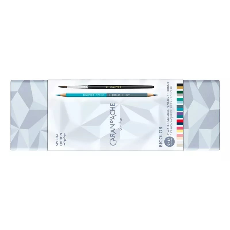 Set de lápices acuarelables CARAN D'ACHE Bicolor Alpine Frost, 9 lápices (18 colores) + pincel, lata metálica CC0999.025