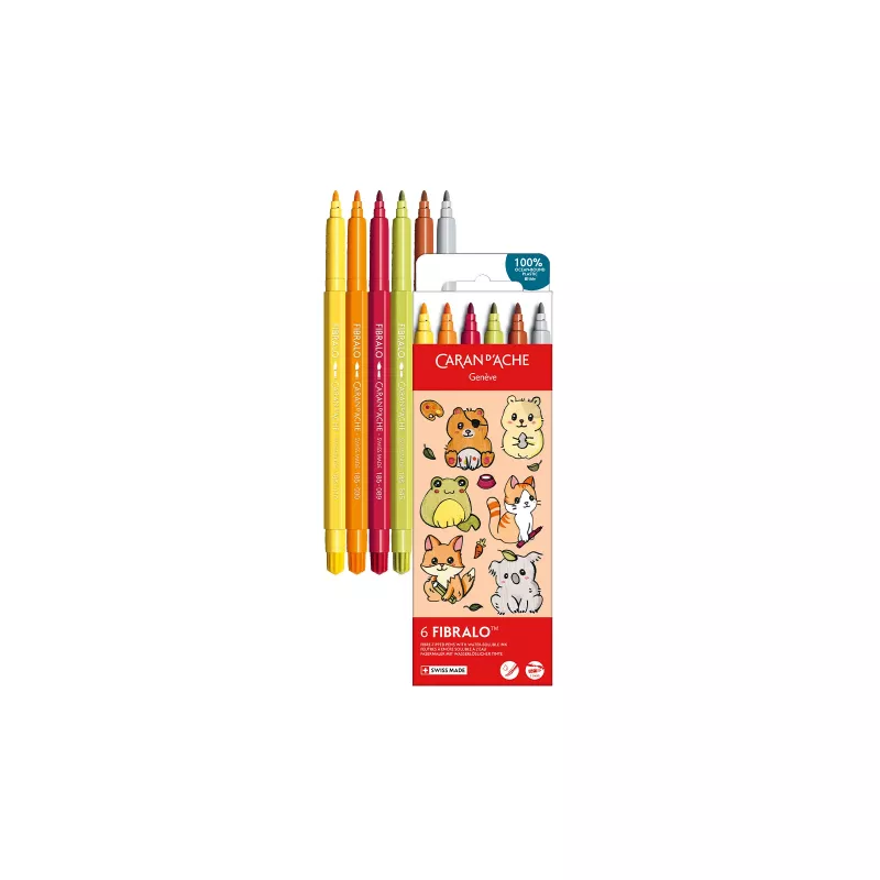Rotuladores Caran d'Ache Fibralo Kawaii Animals, pack de 6, tinta base agua, efecto acuarela 185.803