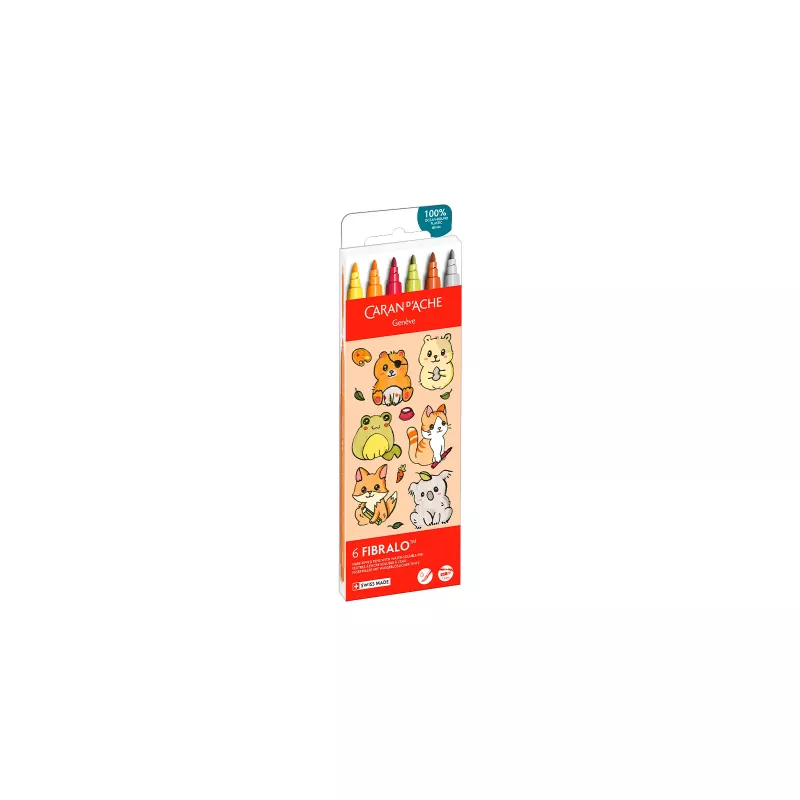 Rotuladores Caran d'Ache Fibralo Kawaii Animals, pack de 6, tinta base agua, efecto acuarela 185.803