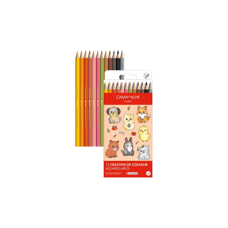 Lápices acuarelables CARAN D'ACHE Swisscolor Kawaii Animals, set de 12, madera de cedro, hexagonal 1285.803