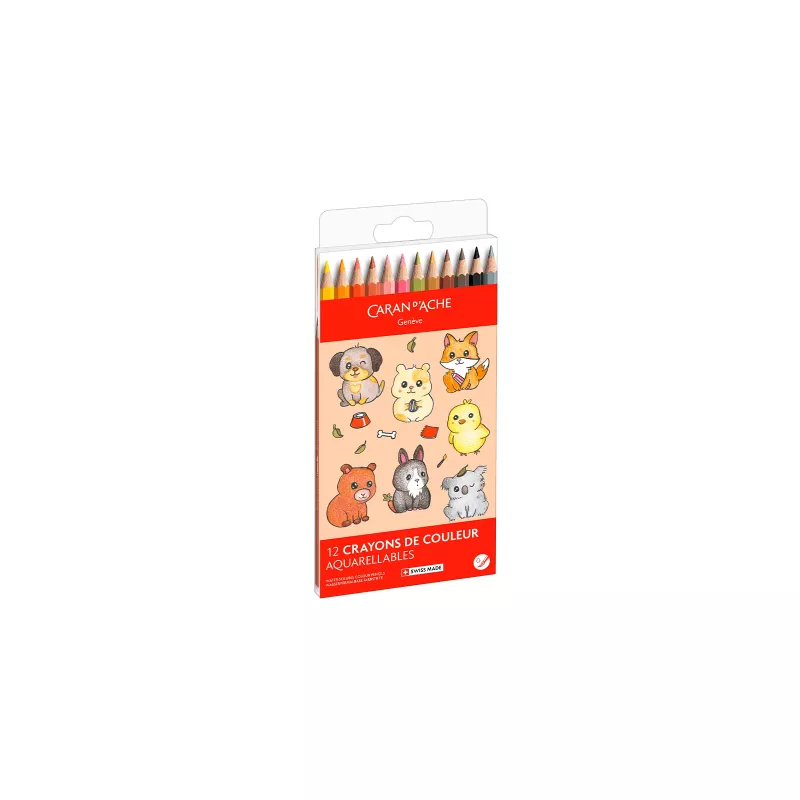 Lápices acuarelables CARAN D'ACHE Swisscolor Kawaii Animals, set de 12, madera de cedro, hexagonal 1285.803