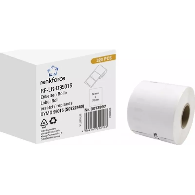 Renkforce RF-6027794 rollo de etiquetas de papel compatible DYMO 99015, 70 x 54 mm, blanco, adhesivo permanente, 320 etiquetas