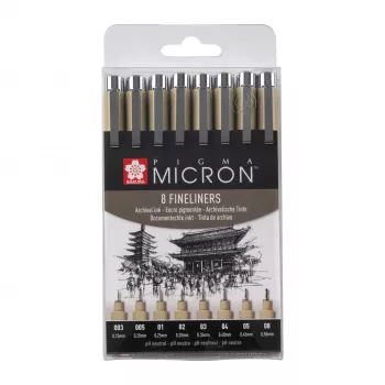 SAKURA Pigma Micron set de rotuladores finos, 8 piezas, negro, varios tamaños de punta de 0,15 mm a pincel POXSDK8