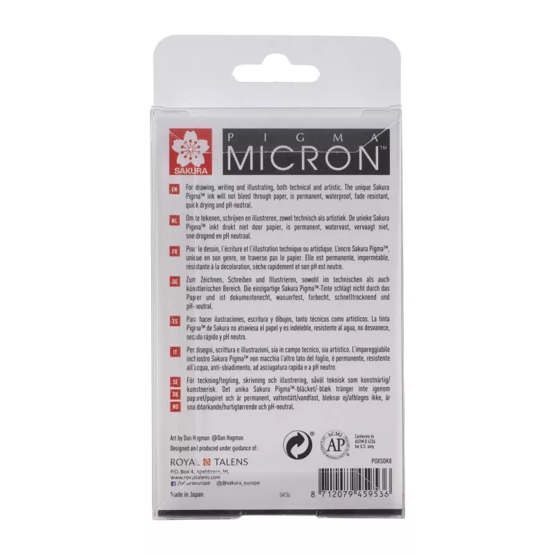 SAKURA Pigma Micron set de rotuladores finos, 8 piezas, negro, varios tamaños de punta de 0,15 mm a pincel POXSDK8