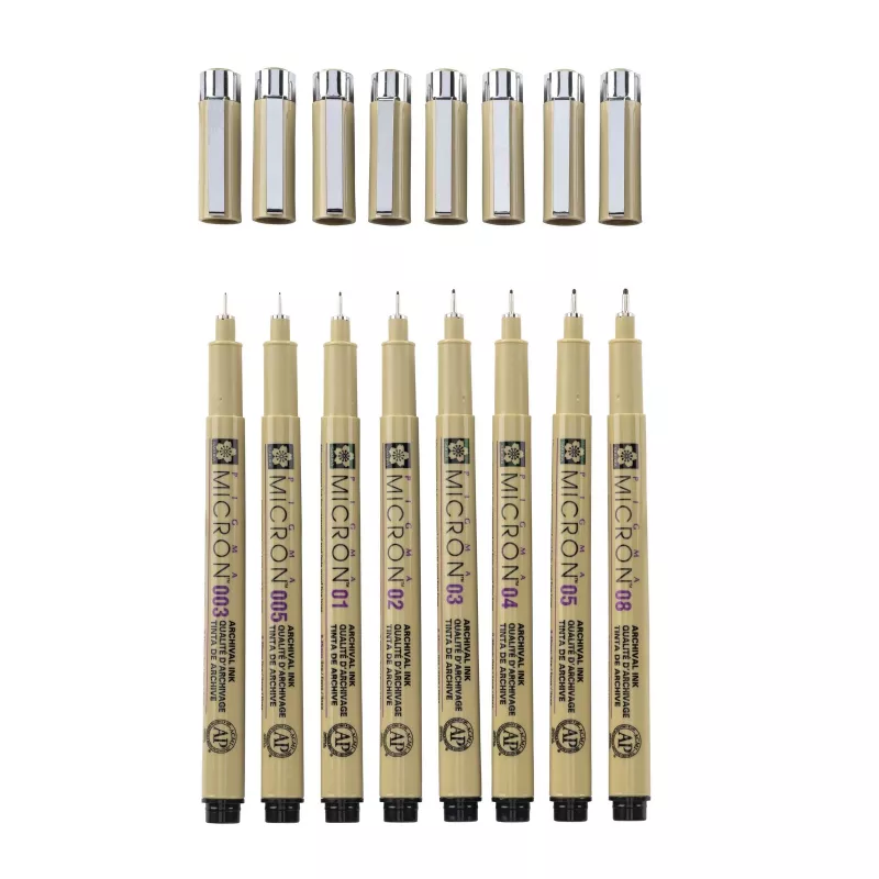 SAKURA Pigma Micron set de rotuladores finos, 8 piezas, negro, varios tamaños de punta de 0,15 mm a pincel POXSDK8