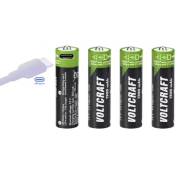 Voltcraft VC-AA1300USB Pilas AA Li-Ion recargables por USB-C 1300 mAh 1,5 V, pack de 4