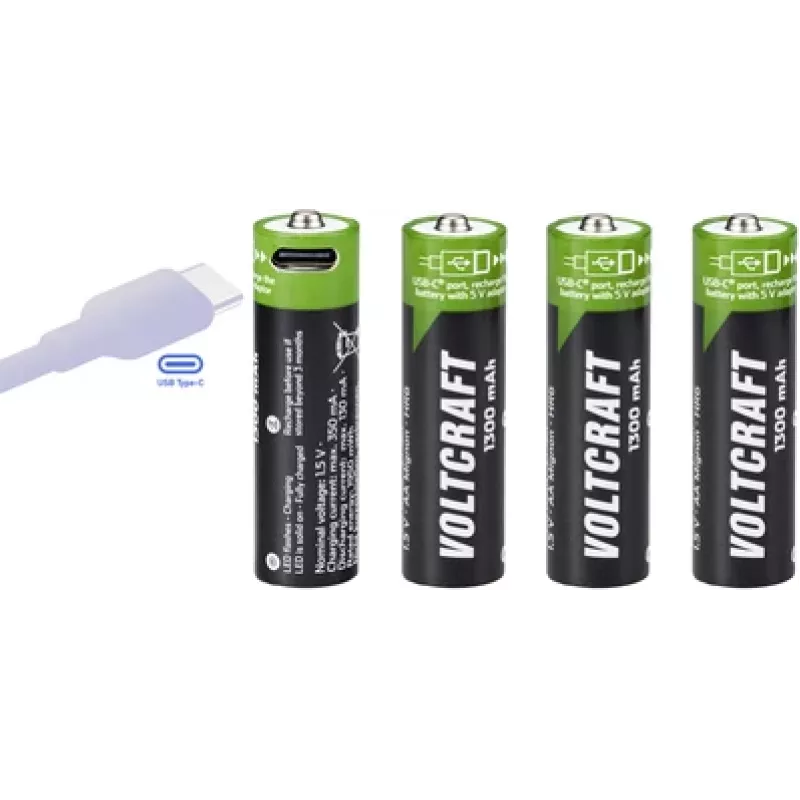 Voltcraft VC-AA1300USB Pilas AA Li-Ion recargables por USB-C 1300 mAh 1,5 V, pack de 4