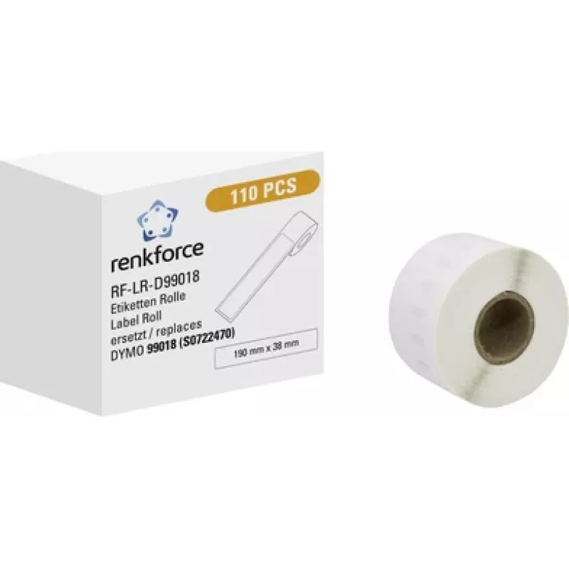 Renkforce RF-6027840 Rollo de etiquetas, compatible con DYMO 99018, 190 x 38 mm, papel, blanco, 110 etiquetas, adhesivo permanente