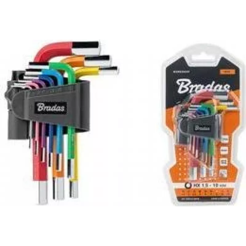 Bradas set de 9 llaves Allen, acero S2, multicolor, métrico 1,5-10mm, forma en L, codificado por colores, DIY-HKH42-SH/B