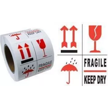 RILLPRINT 76900 etiquetas de advertencia FRÁGIL / ALMACENAR EN LUGAR SECO adhesivo permanente blanco/rojo/negro 74x105mm 500 etiquetas por rollo
