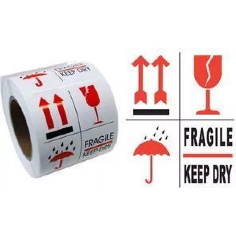 RILLPRINT 76900 etiquetas de advertencia FRÁGIL / ALMACENAR EN LUGAR SECO adhesivo permanente blanco/rojo/negro 74x105mm 500 etiquetas por rollo