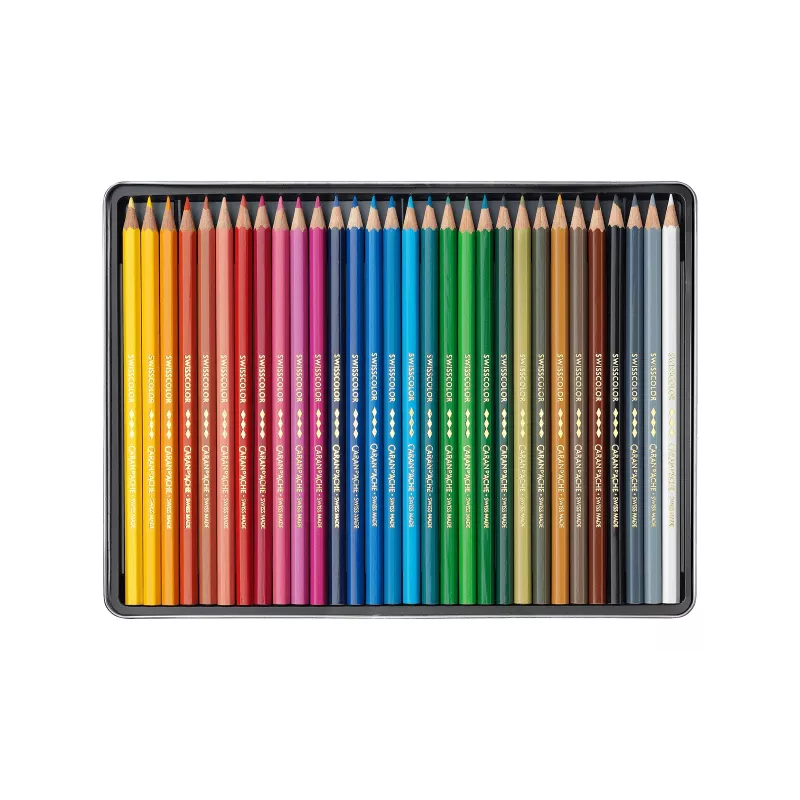 CARAN D'ACHE Swisscolor lápices de colores resistentes al agua, 30 colores diferentes, madera de cedro, hexagonal, lata metálica 1284.730