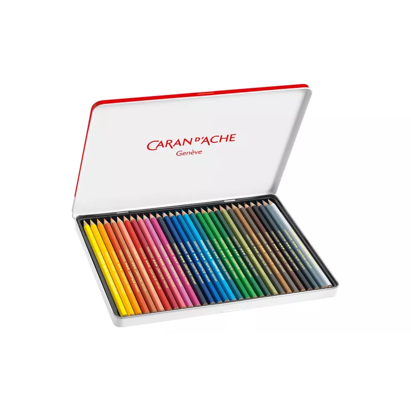 CARAN D'ACHE Swisscolor lápices de colores resistentes al agua, 30 colores diferentes, madera de cedro, hexagonal, lata metálica 1284.730