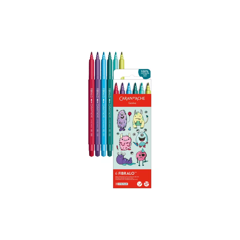CARAN D'ACHE Fibralo Kawaii Monsters rotuladores de fibra, set de 6, base agua, tinta soluble en agua, uso en seco o húmedo (185.801)