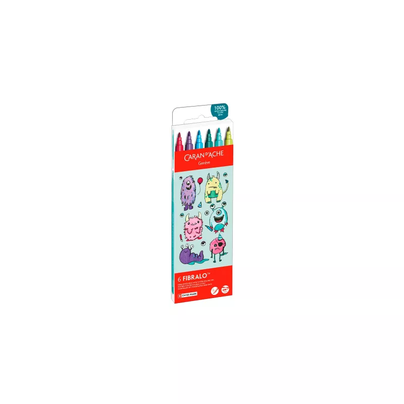 CARAN D'ACHE Fibralo Kawaii Monsters rotuladores de fibra, set de 6, base agua, tinta soluble en agua, uso en seco o húmedo (185.801)