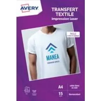 Avery Papel de transferencia para camisetas A4 blanco para tejidos claros, impresora láser, 15 hojas (C9403-15)