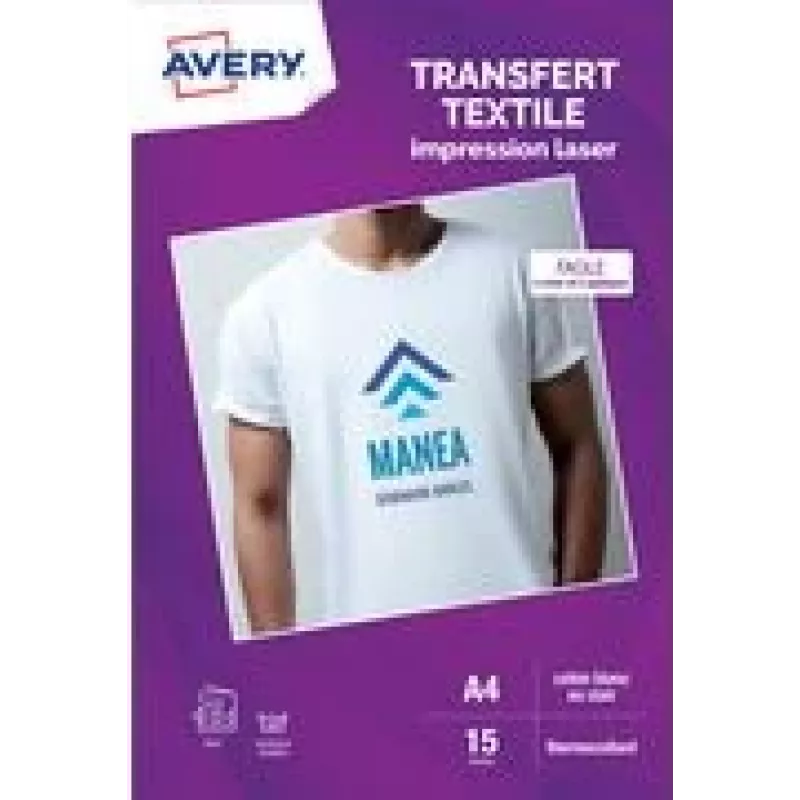 Avery Papel de transferencia para camisetas A4 blanco para tejidos claros, impresora láser, 15 hojas (C9403-15)