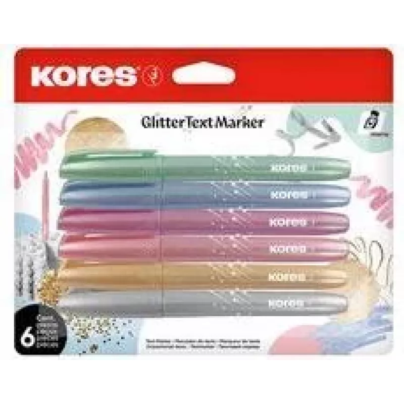 Kores set de rotuladores fluorescentes con purpurina, punta biselada 3-5 mm, 6 colores brillantes con purpurina, base agua, secado rápido, resistente al borrado, capuchón ventilado, no tóxico TM36300