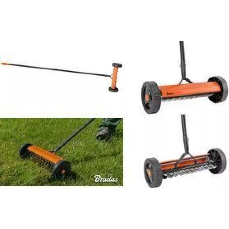 Bradas Escarificador de césped con ruedas, naranja/antracita, marco de metal, mango de PVC, púas de acero, ancho de trabajo 32 cm, 1 ud. (KT-V2045)