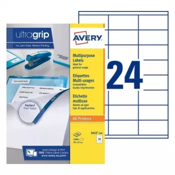Etiquetas multiusos AVERY 70 x 35 mm blancas Ultragrip, 2400 etiquetas (3422-100.FR)