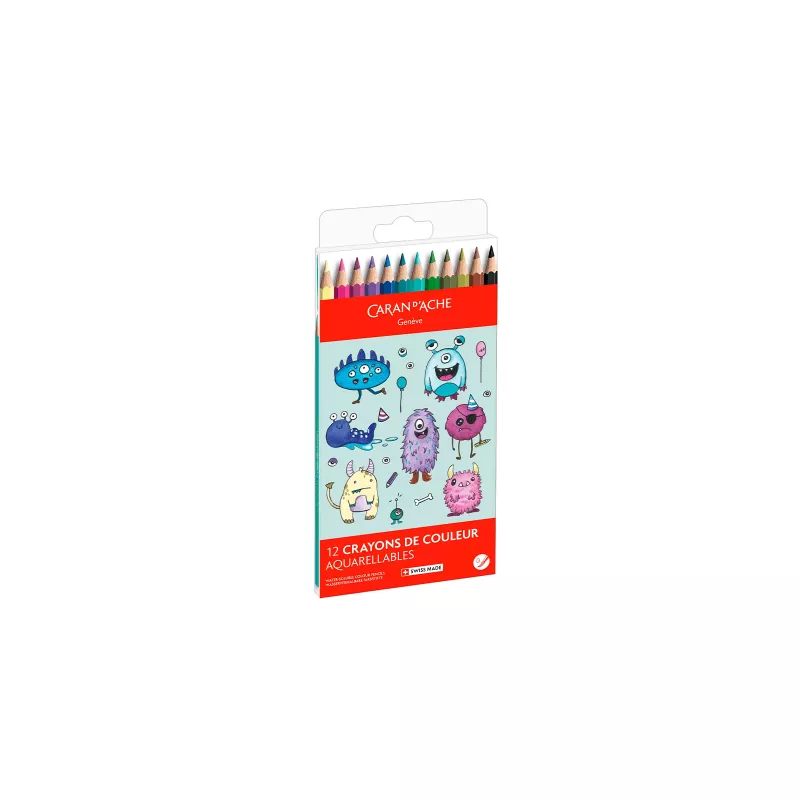 Lápices de colores acuarelables Caran d'Ache Swisscolor Kawaii Monsters, set de 12, madera de cedro hexagonal 1285.801