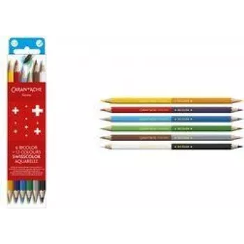 Caran d'Ache Swisscolor Bicolor Lápices de colores acuarelables solubles en agua, 6 lápices bicolor = 12 colores, hexagonales, cedro FSC 1285.706