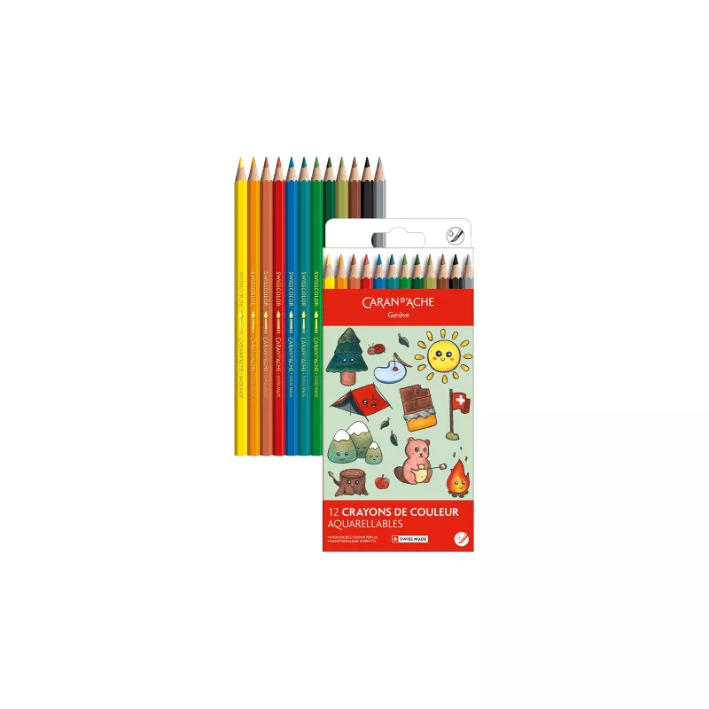 Caran d'Ache Swisscolor Kawaii Lápices acuarelables suizos, set de 12, madera de cedro, hexagonal 1285.804