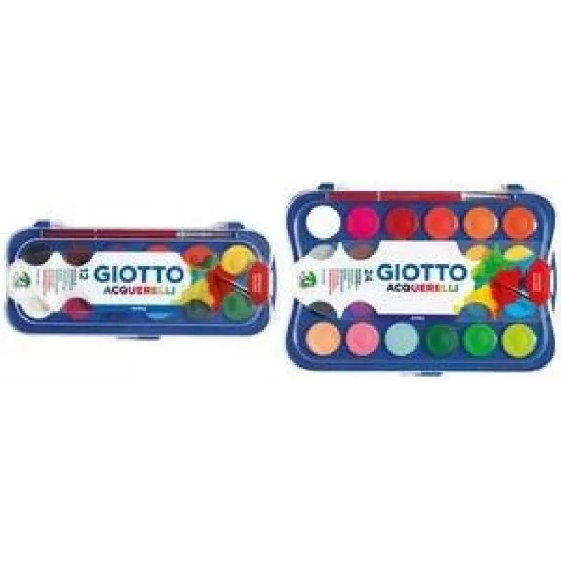 GIOTTO Caja de témperas, 12 colores, cubetas de 30 mm, alta cobertura, estuche de plástico, incluye pincel (F351200)
