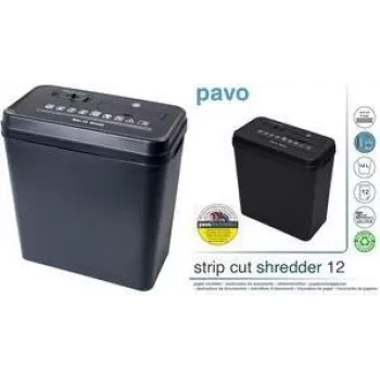 PAVO destructora de documentos de corte en tiras 12 hojas, tiras de 6 mm, boca de 220 mm, depósito de 18 L, negra (8000784)