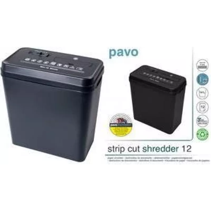 PAVO destructora de documentos de corte en tiras 12 hojas, tiras de 6 mm, boca de 220 mm, depósito de 18 L, negra (8000784)