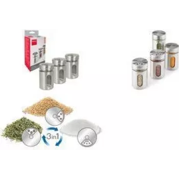 Metaltex Set de especieros Shake Line, 3 piezas, vidrio con tapas giratorias de acero inoxidable y plástico, 100 ml cada uno 259851000