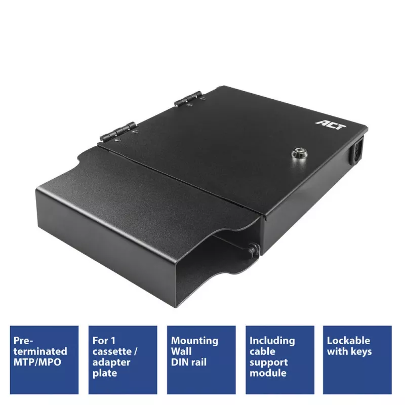 ACT Caja de conexiones de fibra óptica para cables preterminados y adaptadores MTP/MPO, 1 ranura (FA2130)