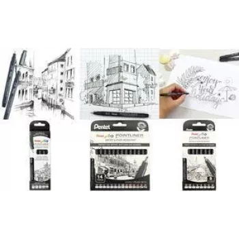 PentelArts Set de 8 rotuladores fineliner permanentes Pointliner, negro, 0,03 mm a 0,8 mm + pincel YS20P-8