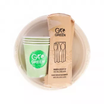 GOGREEN Vajilla de picnic compostable para 4 personas, 24 piezas, de origen vegetal, blanco natural