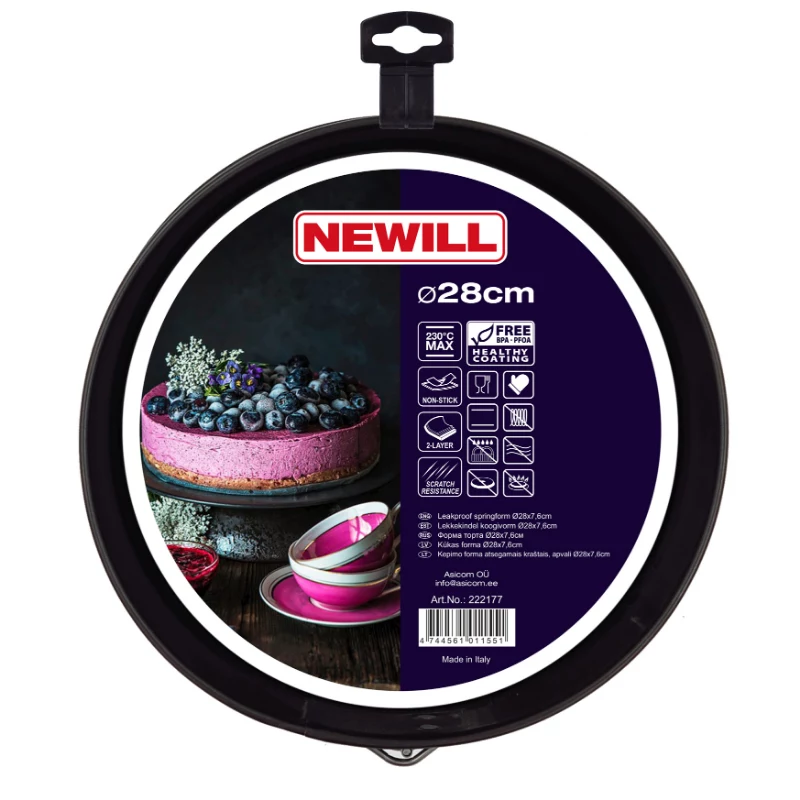 NEWILL Molde desmontable para tartas Ø28x7,6 cm negro con recubrimiento antiadherente de acero al carbono
