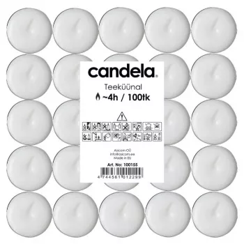 CANDELA Velas de té 100 uds., blancas, sin perfume, 4 h de duración