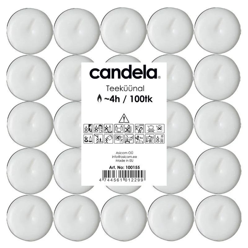 CANDELA Velas de té 100 uds., blancas, sin perfume, 4 h de duración