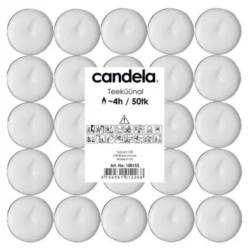 CANDELA Velas de té 50 uds., blancas, sin perfume, 4 h de duración, vasos de aluminio