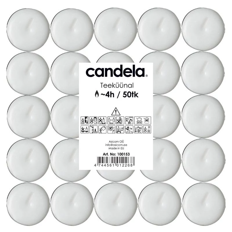 CANDELA Velas de té 50 uds., blancas, sin perfume, 4 h de duración, vasos de aluminio