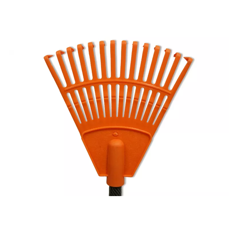 HORTUS Rastrillo de mano pequeño con mango, naranja, cabeza de 20 cm, 14 dientes