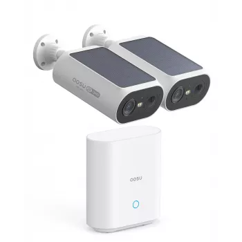 AOSU Smart Security SolarCam P1 SE sistema kit de 2 cámaras, 2K QHD, inalámbrico, alimentado por energía solar, visión nocturna en color, audio bidireccional, IP65, 2 cámaras