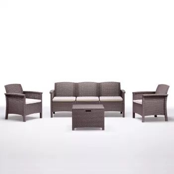 BICA conjunto de muebles de jardín Venezia 3 beige - sofá de exterior para 5 plazas con estructura de aluminio, trenzado de cuerda y mesa de vidrio templado