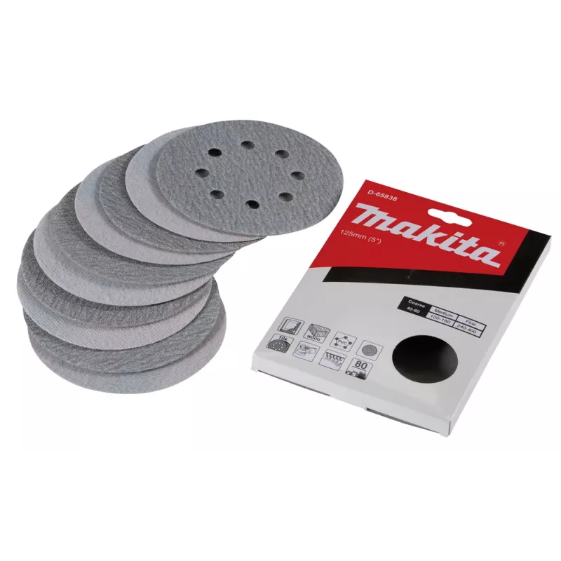 Makita D-65838 disco de lijado 125mm grano P80 pack de 10 velcro 8 agujeros