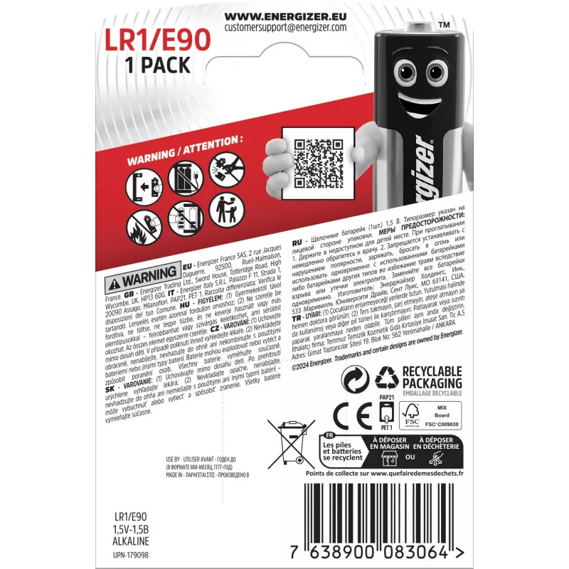 Energizer E90 Pila alcalina, 1,5 V, 1000 mAh, paquete de 1