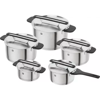 ZWILLING MORE Set de 5 piezas de menaje de acero inoxidable con tapas de cristal, apto para inducción