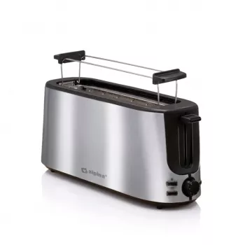 ALPINA ALP-SI-47351 Tostadora de 2 ranuras, 1000 W, plata acero inoxidable, 6 niveles de tostado, descongelar, calentar, elevación alta, bandeja recogemigas extraíble
